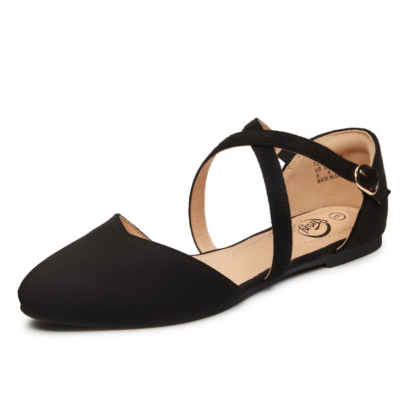 Trary Black Mary Jane Flats for Women, Pointed Toe Suede Ballet Flats with Double Cross Ankle Straps, Comfortable Casual Dress Shoes Size 8 - Image 1